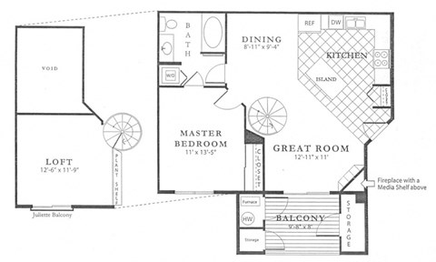 The Annapolis Loft Floor Plan; A one bedroom, one bathroom apartment floor plan at Fox Run Lofts in Englewood, Colorado